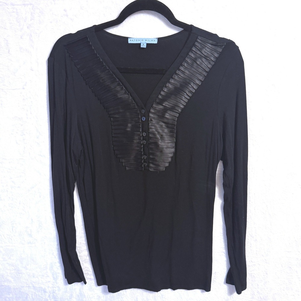 Antonio Melani‎ Black V-Neck Long Sleeve Top Pleated Satin Trim Ruffle Detail M